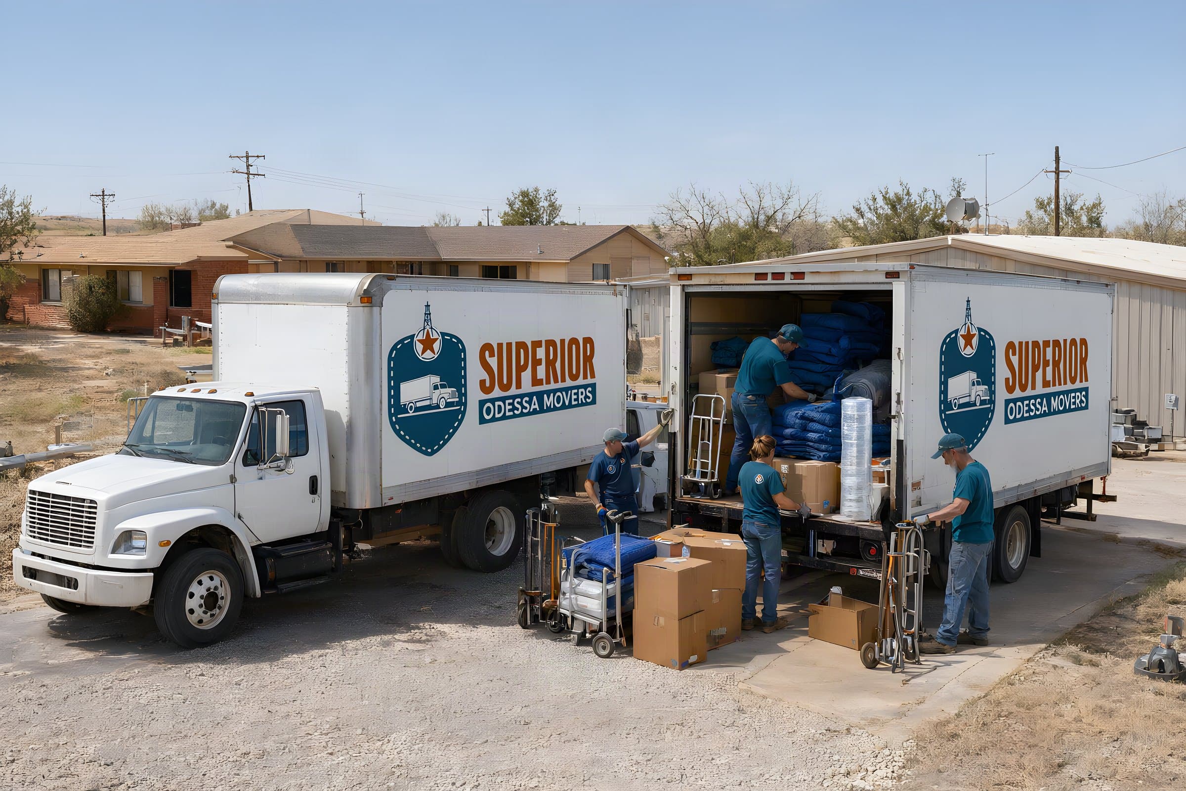 Two of our box trucks in the yard while the crew loads blankets and dollies for the day