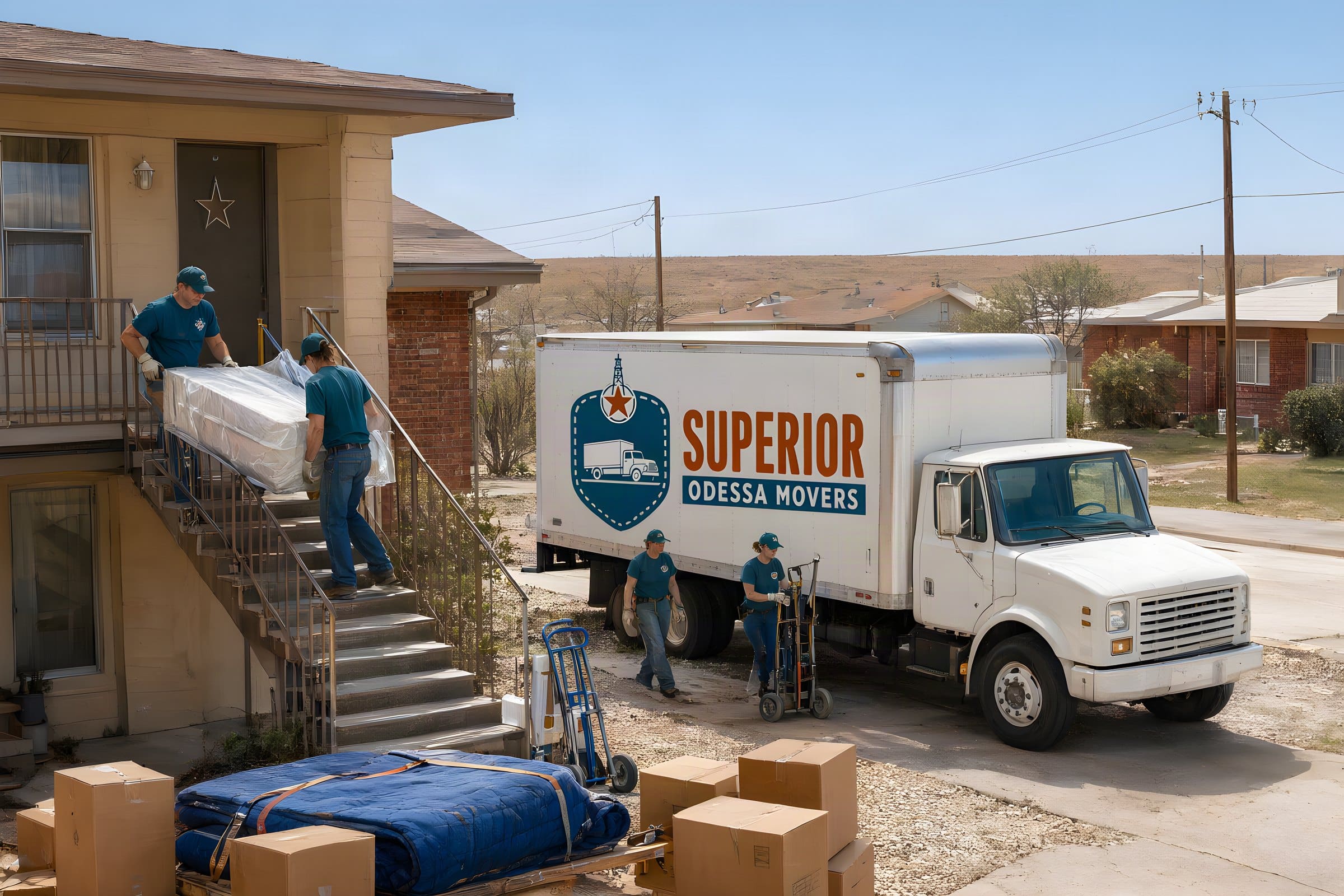 Two movers carrying a bagged mattress down apartment stairs to our box truck
