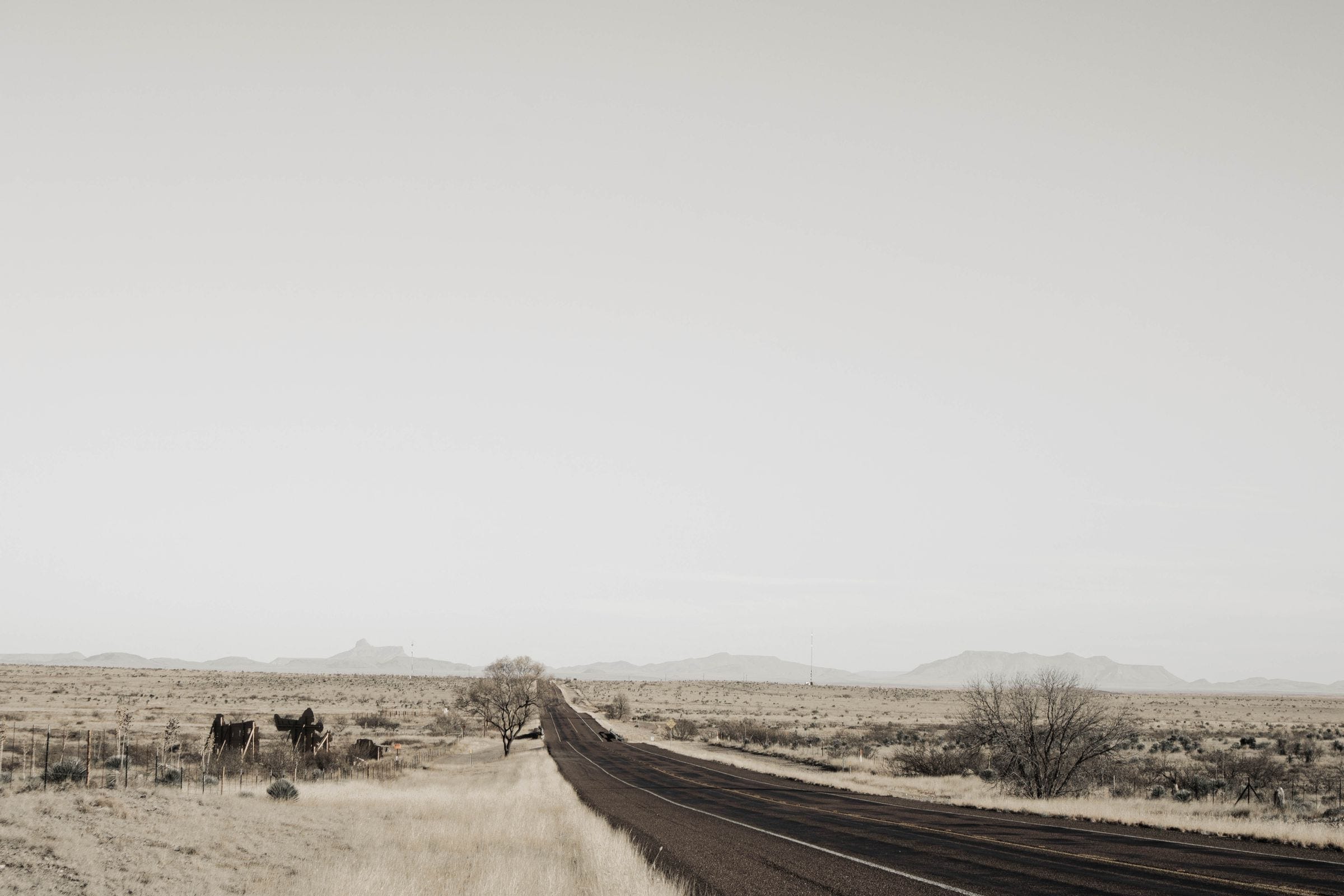 A straight two-lane road across the flat West Texas plains near Gardendale