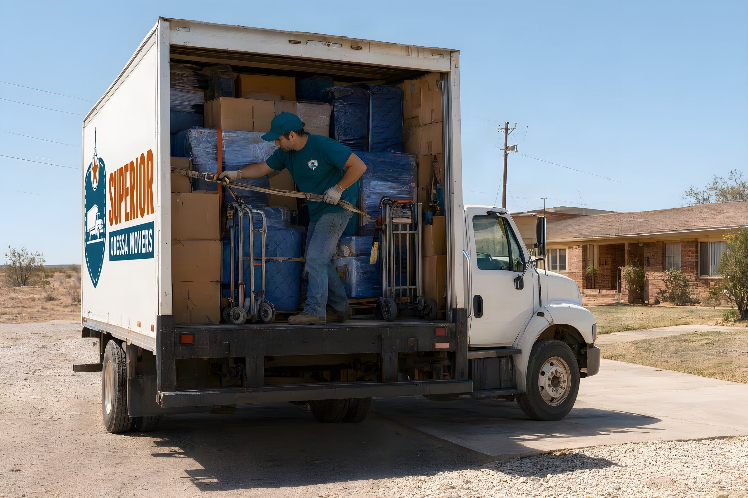 A mover ratchet-strapping a tightly packed load inside our box truck before a long distance move