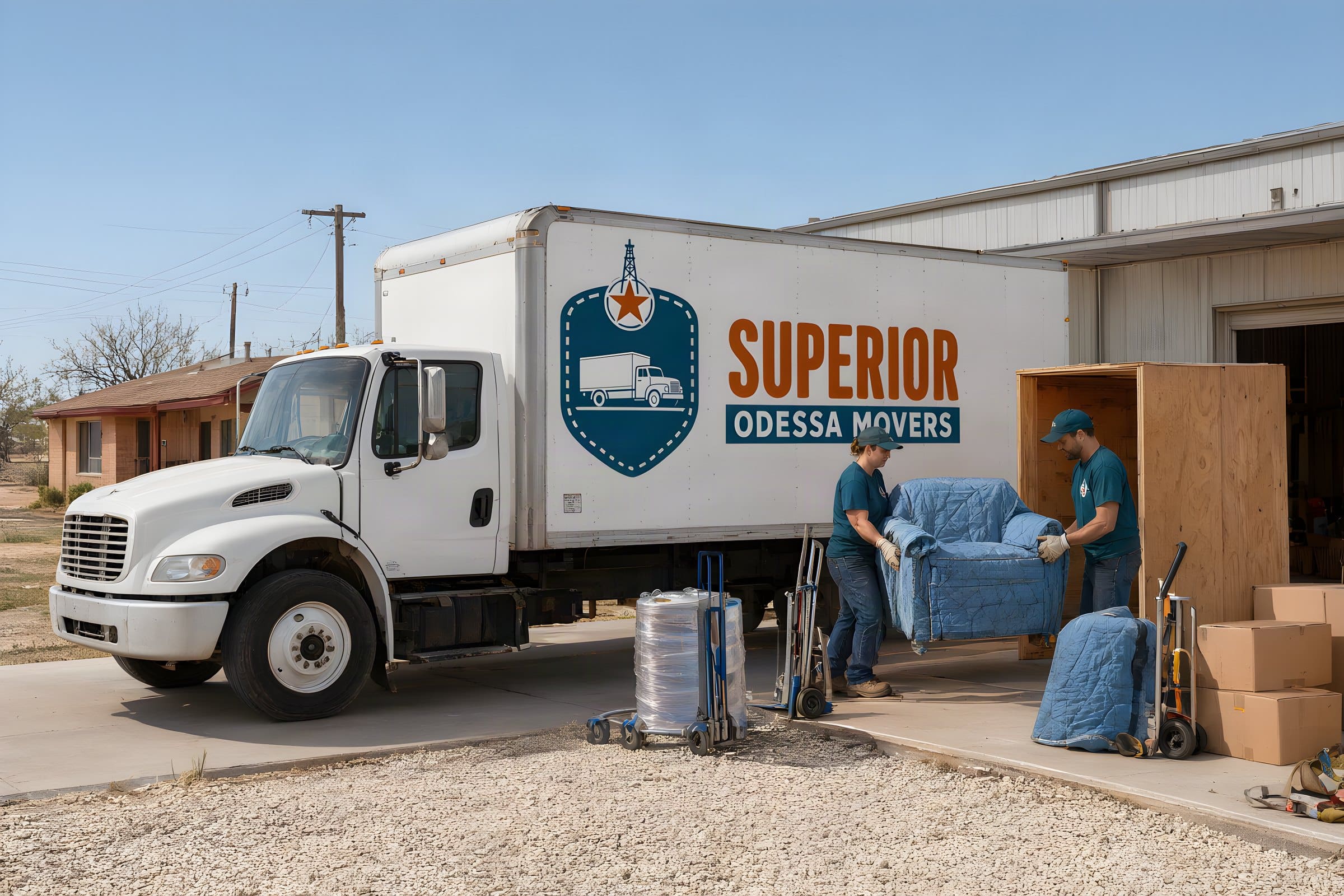Movers carrying a blanket-wrapped armchair from our truck into a storage vault at the warehouse