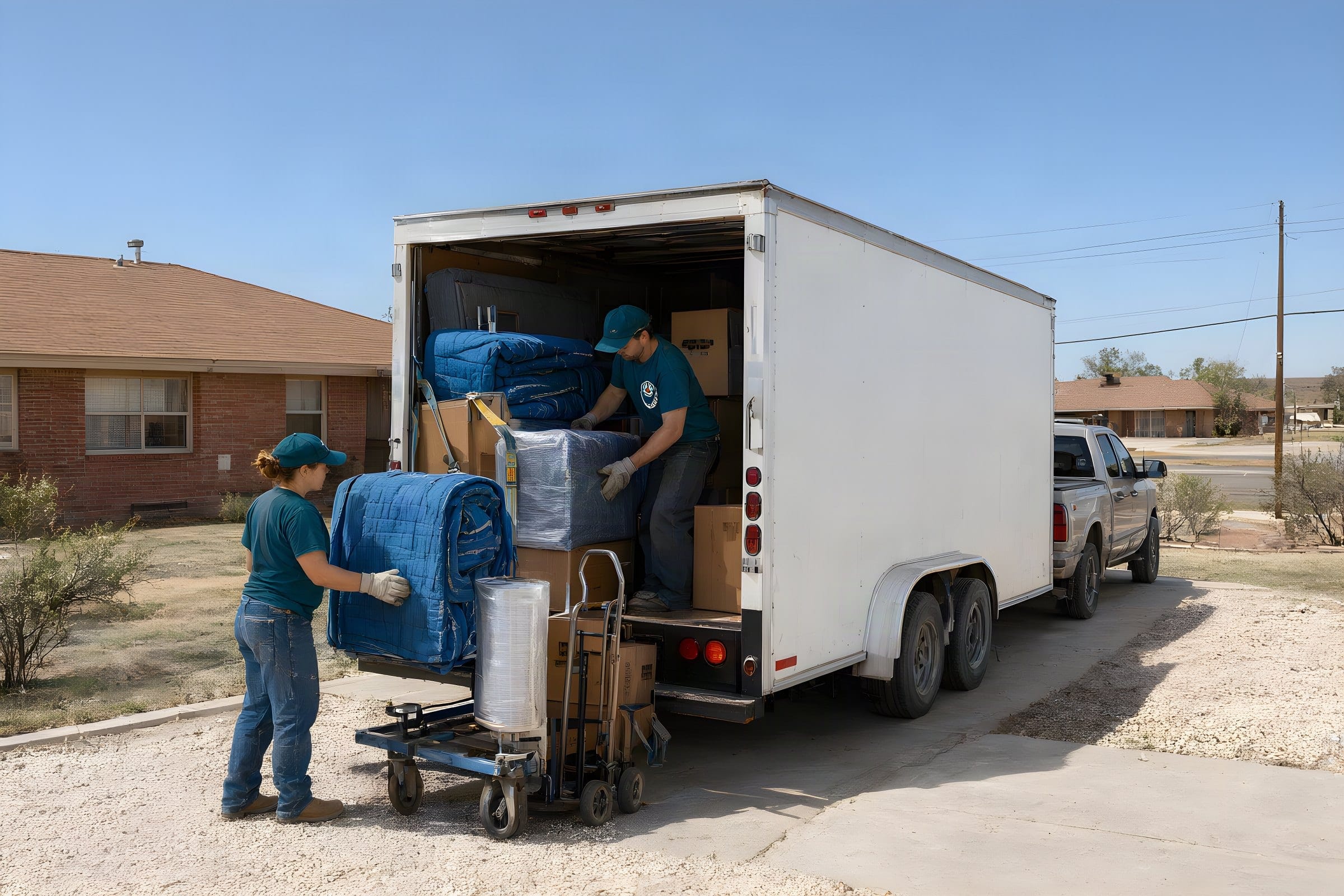 Two of our movers loading padded furniture into a customer’s rental trailer in a driveway