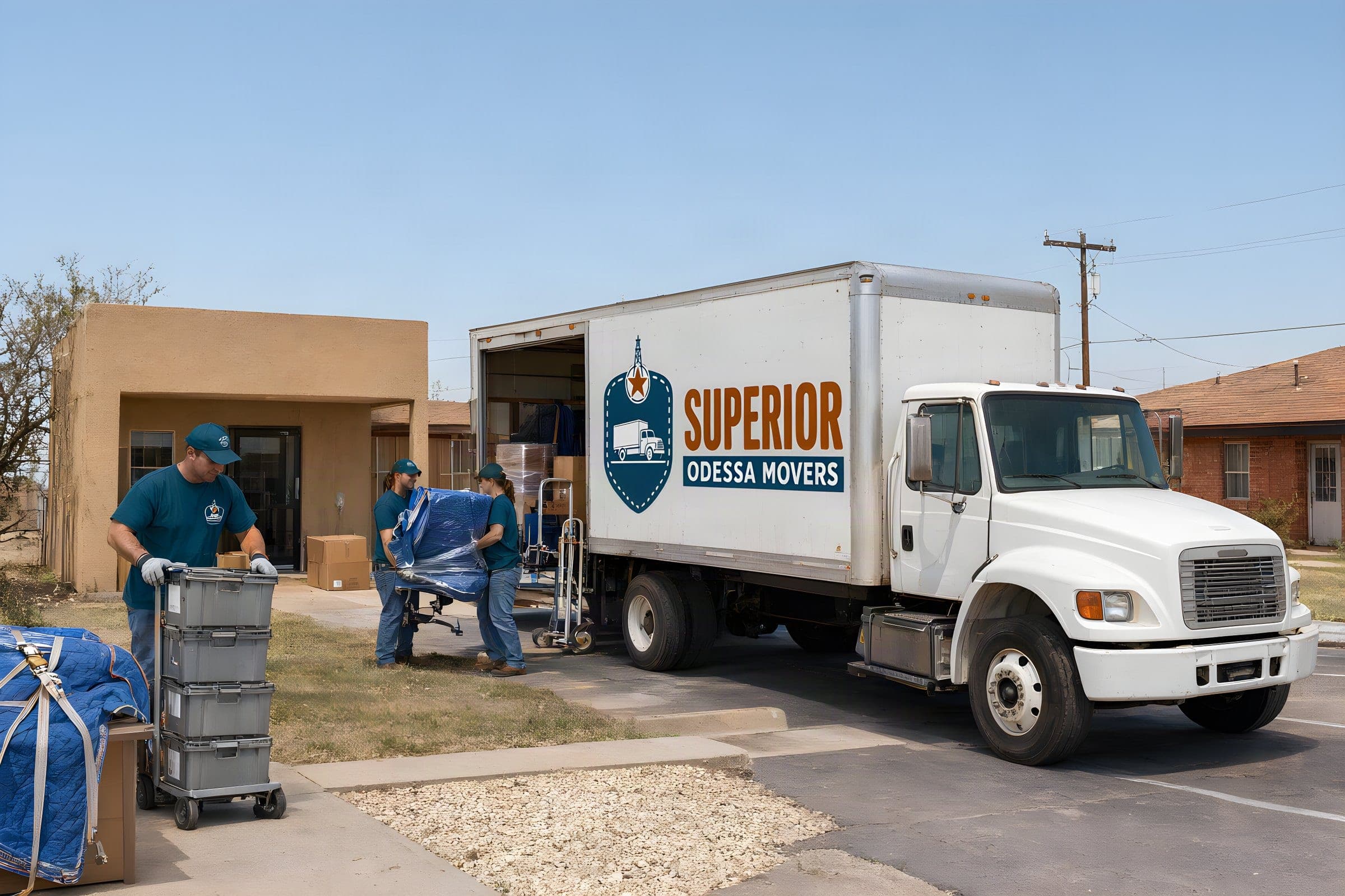 Our crew moving office crates and a wrapped desk chair out of a small Odessa office building