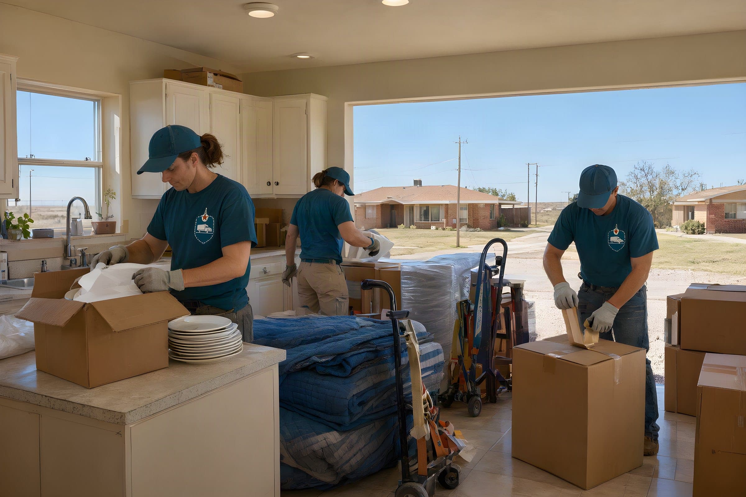 Our packers wrapping dishes in packing paper and boxing them in an Odessa kitchen