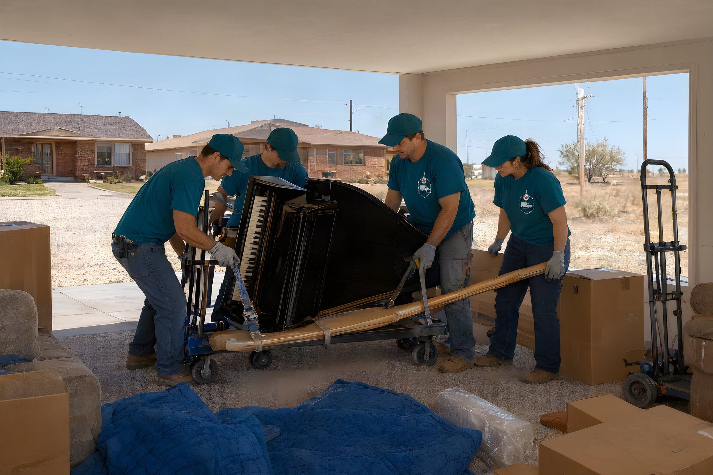 Four movers tipping a baby grand piano onto a padded piano board on a dolly