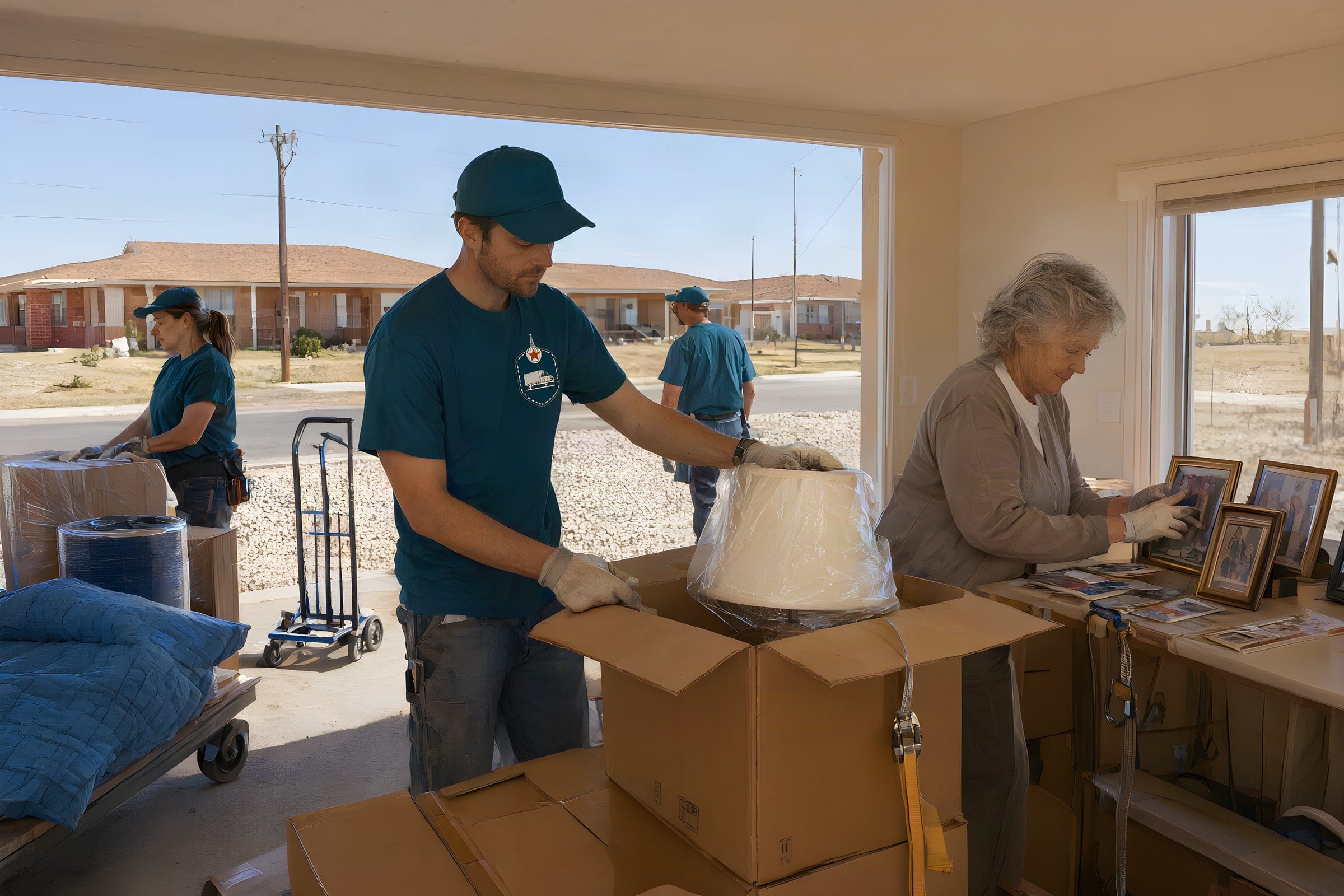 A mover packing a lamp while an older homeowner sorts family photos